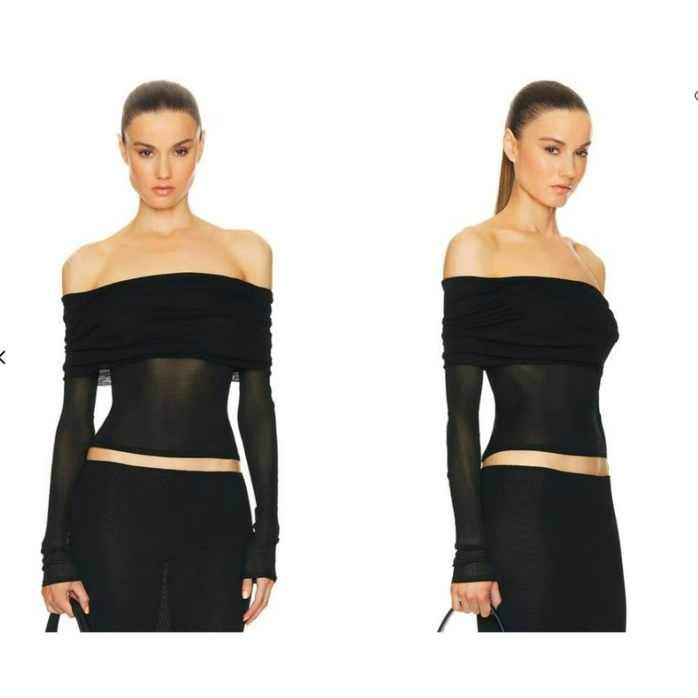 HELSA Revolve Black Sheer Knit Off The Shoulder Top Mesh Jersey Long Sleeve - Picture 15 of 15